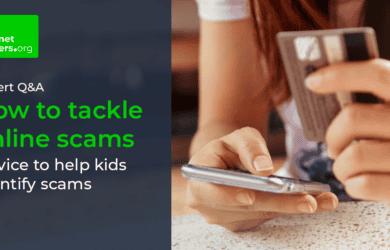Image of girl with smartphone and credit card alongside the Internet Matters logo and text that reads 'Expert Q&A: How to tackle online scams' then, 'Advice to help kids identify scams'